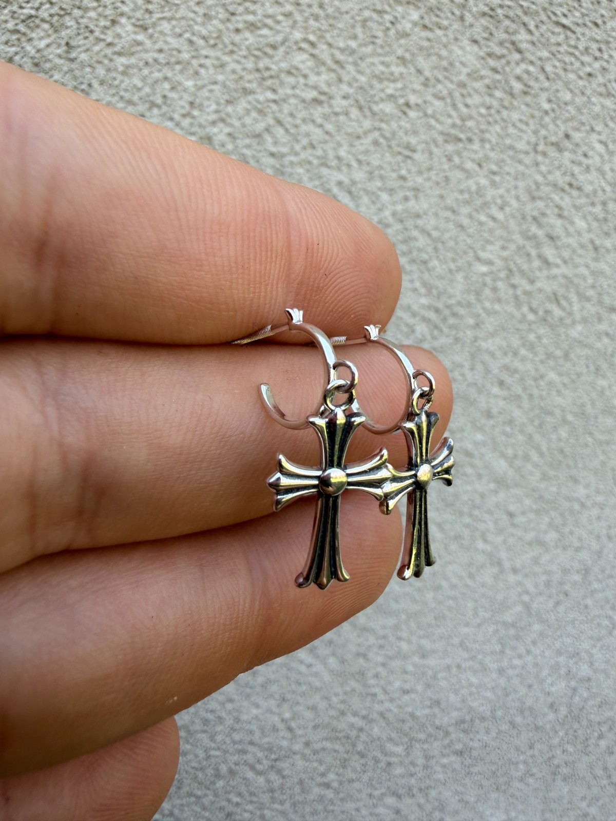 Hearts Chrome Star Earrings Huggie Hoops & Dangle Cross 925 Silver Oxidized