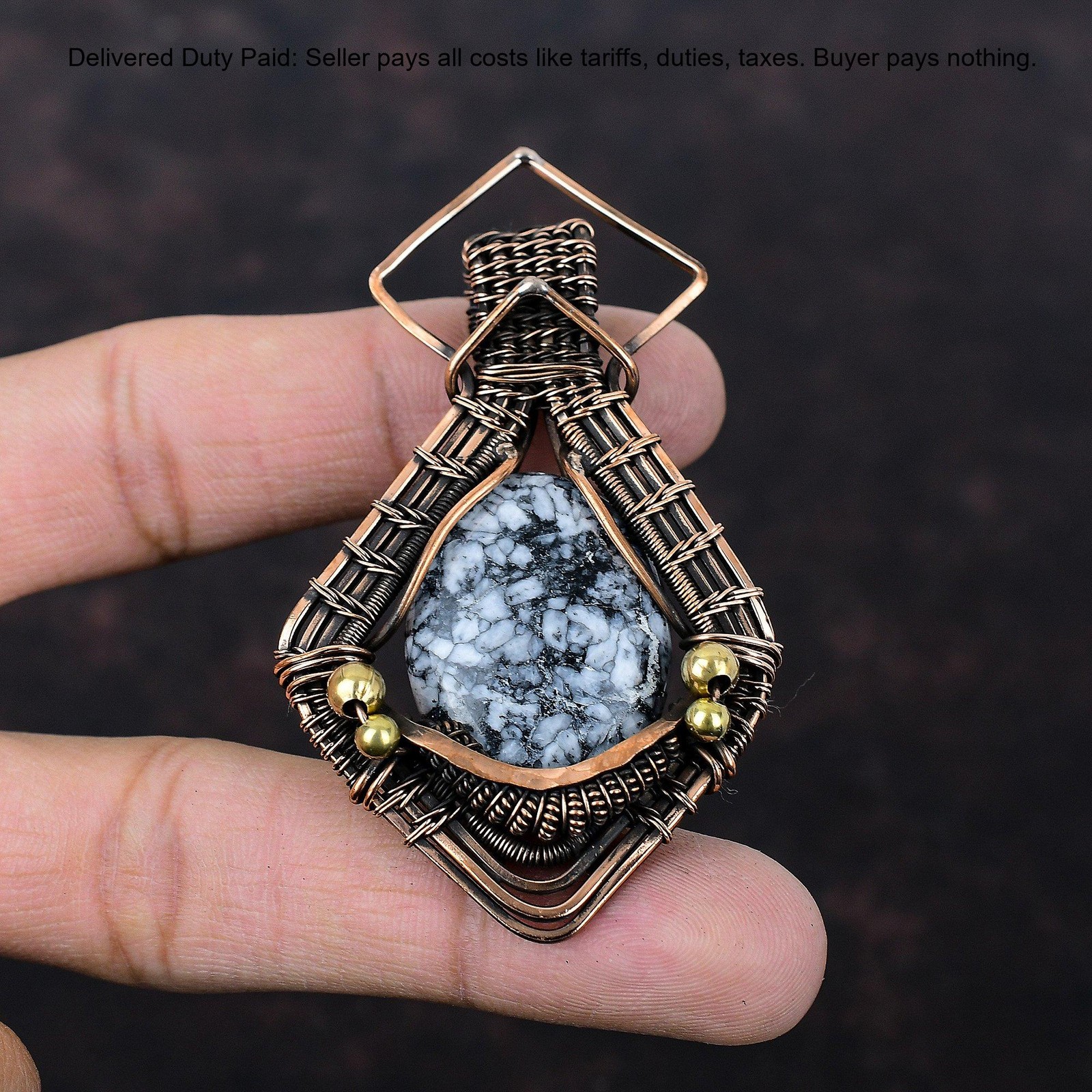 Copper Oval Pinolith Jasper Gemstone Wire Wrapping Daughter Boho Pendant Jewelry