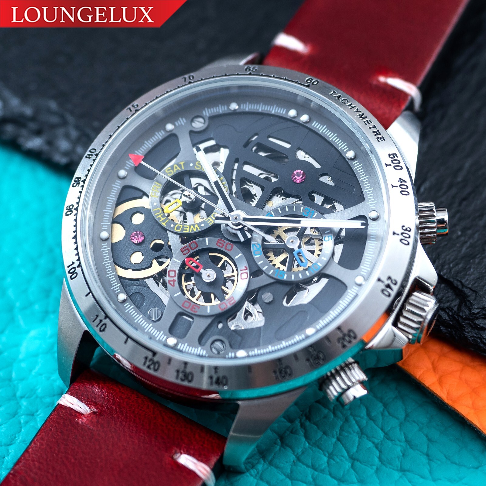 Mens Automatic Mechanical Watch Calendar Silver Dark Red Oil Waxed Leather Gift