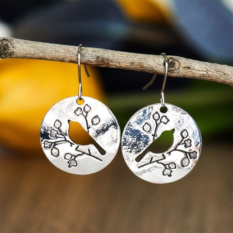 Retro Women’s Round Flower Bird Pendant Earrings Fashion Jewelry Earrings Alloy