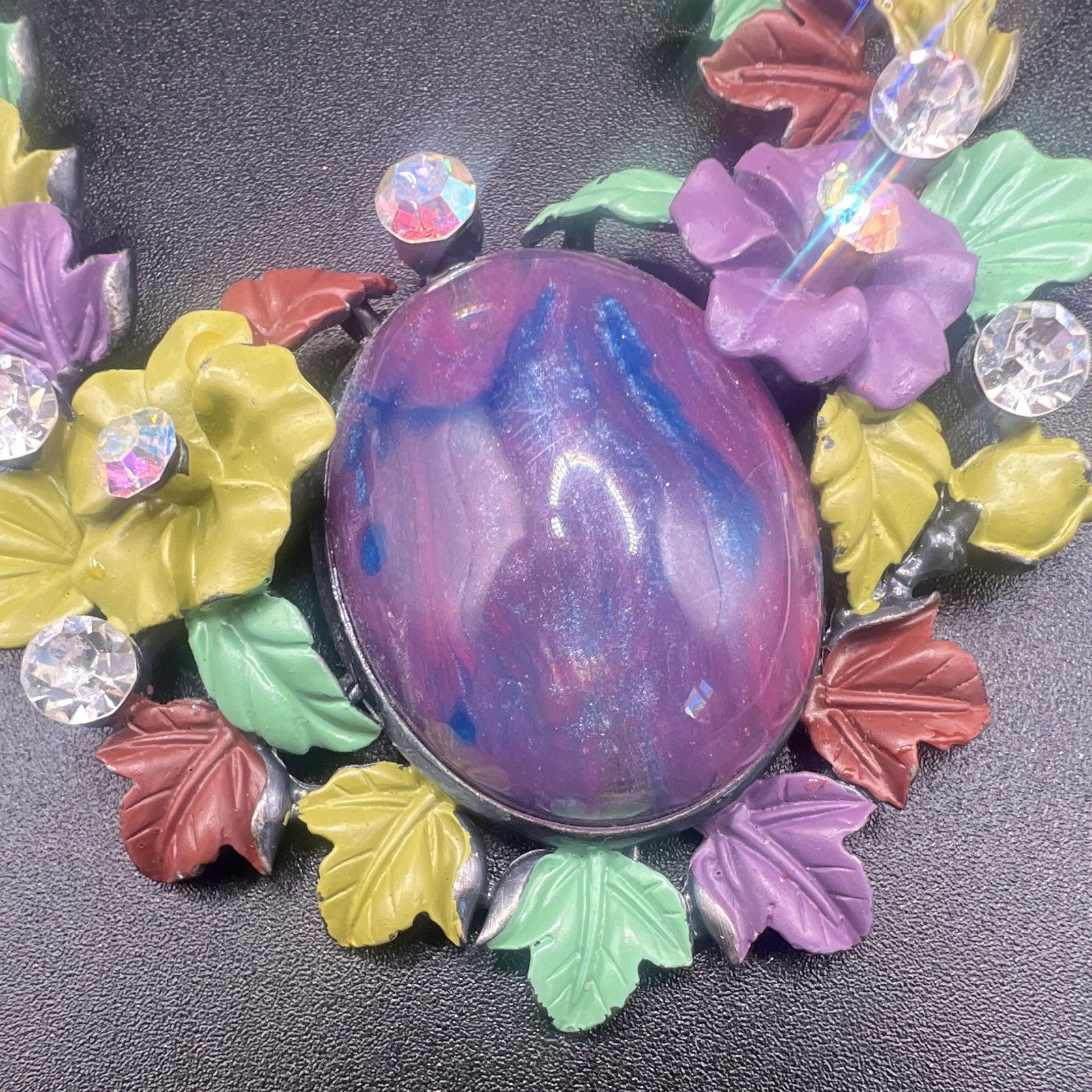 Floral Necklace Rhinestone Cluster Bib Jewels Colorful Flowers Silver Chain Boho
