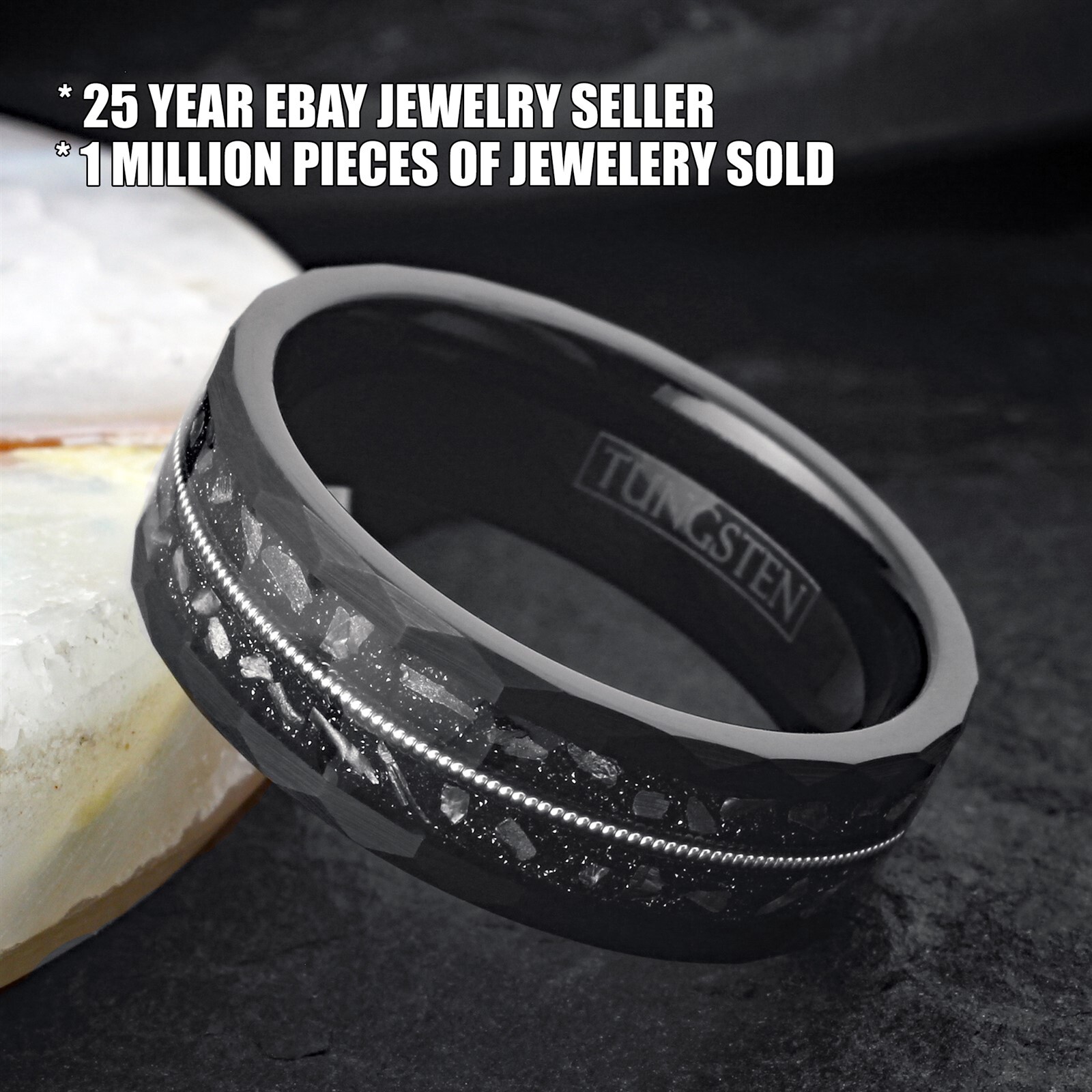 8mm Black Tungsten Carbide w/ Faux Meteorite Guitar String Band Ring