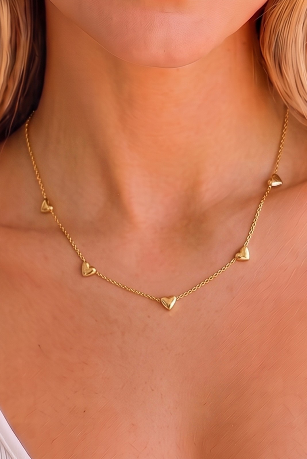 Stainless Steel 18K Gold Plated Multi Puffed Heart Station Choker Necklace