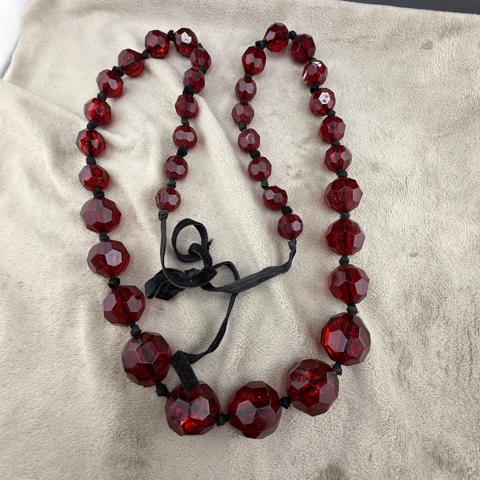 Beaded Acrylic Red Necklace Black Cord 48”