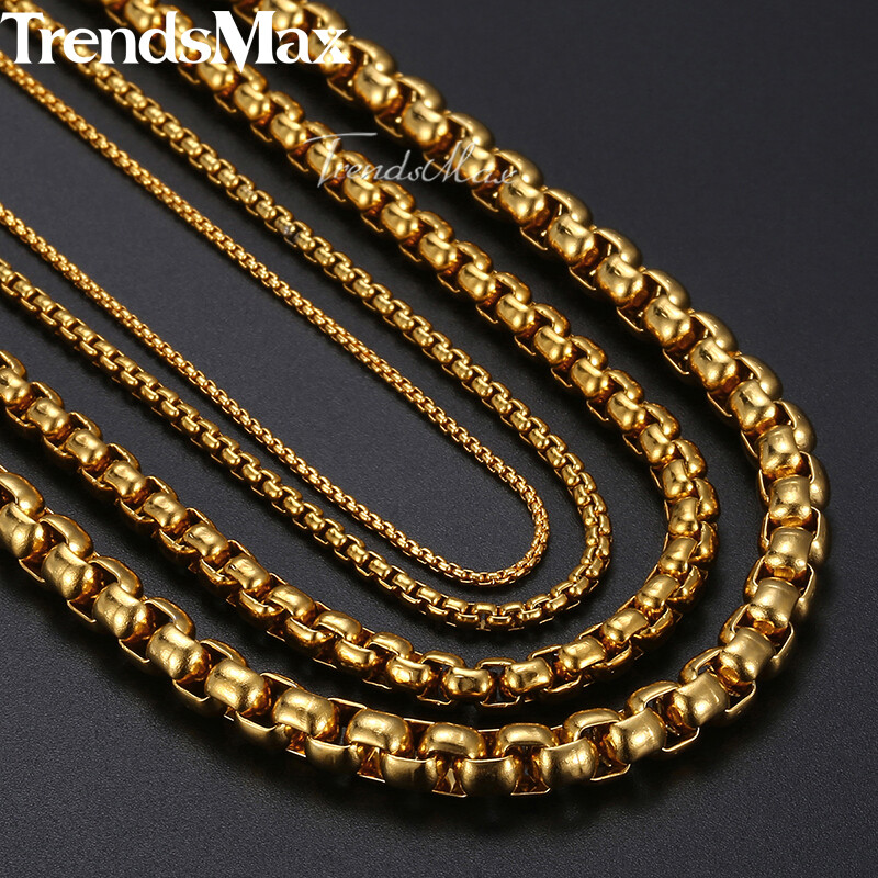 2/3/4/5MM Round Box Link Chain Necklace Gold Plated Choker 16-36″ For Men Women