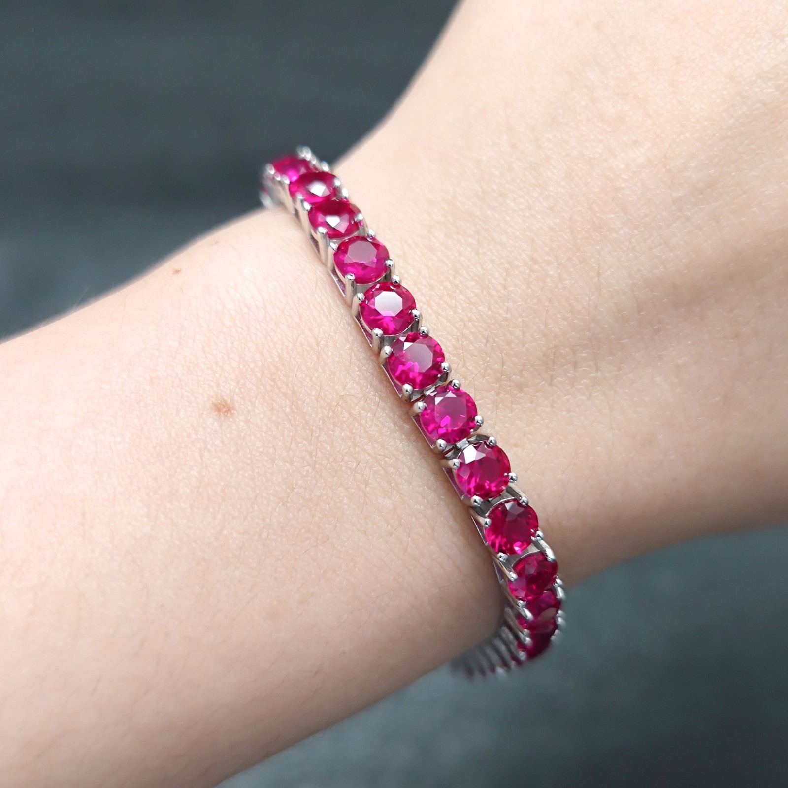 15CT Lab Created 5mm Pink Ruby Tennis Bracelet 14K White Gold Plated 7.5 Inch