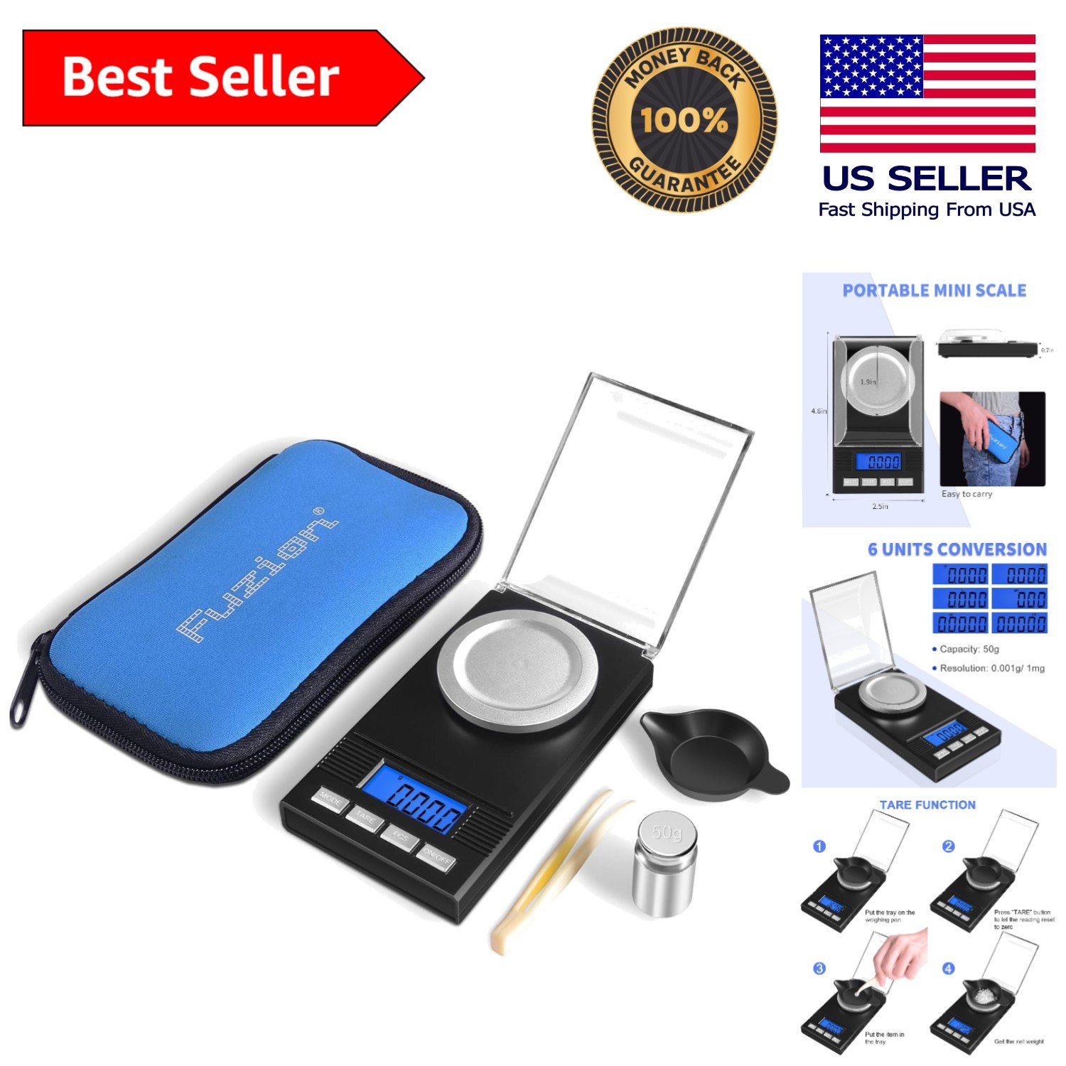 Mini 50g Milligram Scale with Tare Function & Portable Case for Jewelry and More
