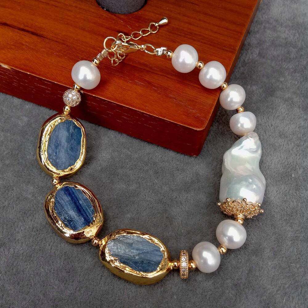 Keshi Pearl Natural Blue Kyanite Bracelet Fashion Fine Handmade Jewelry For Gift