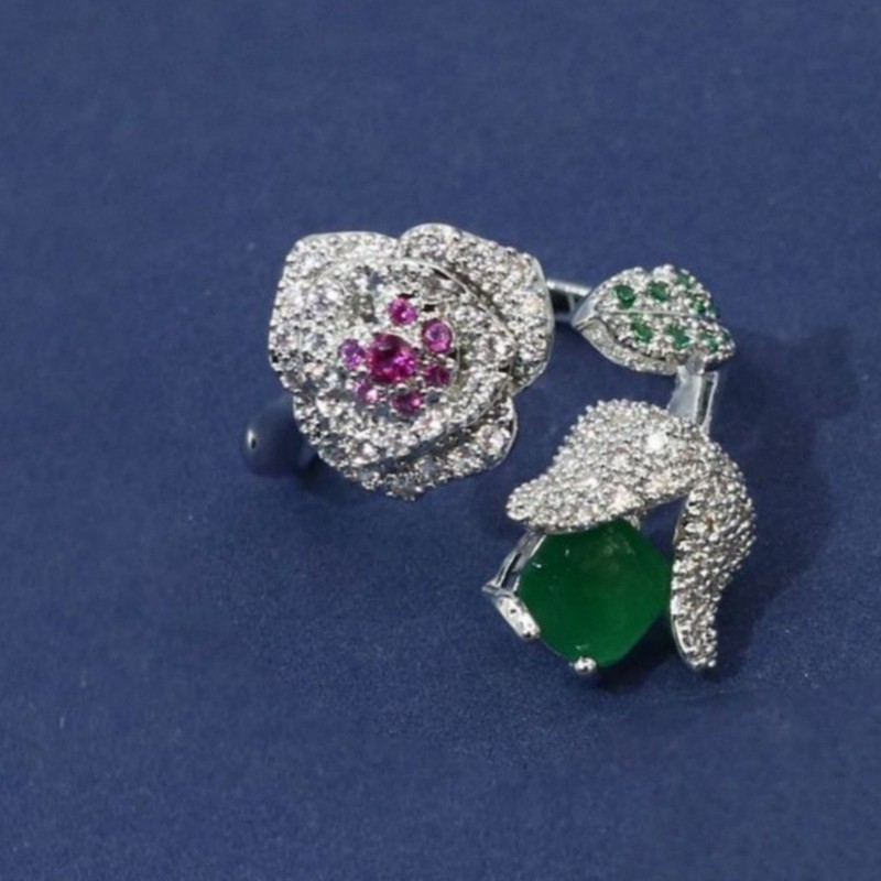 Pretty Multicolor CZ Pave Double Form Rose Elegant Women Silver Plated Open Ring