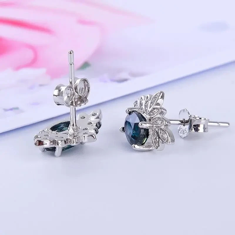 Dark Blue Green Sapphire Oval Cut Stud Earrings, September Birthstone Sapphire
