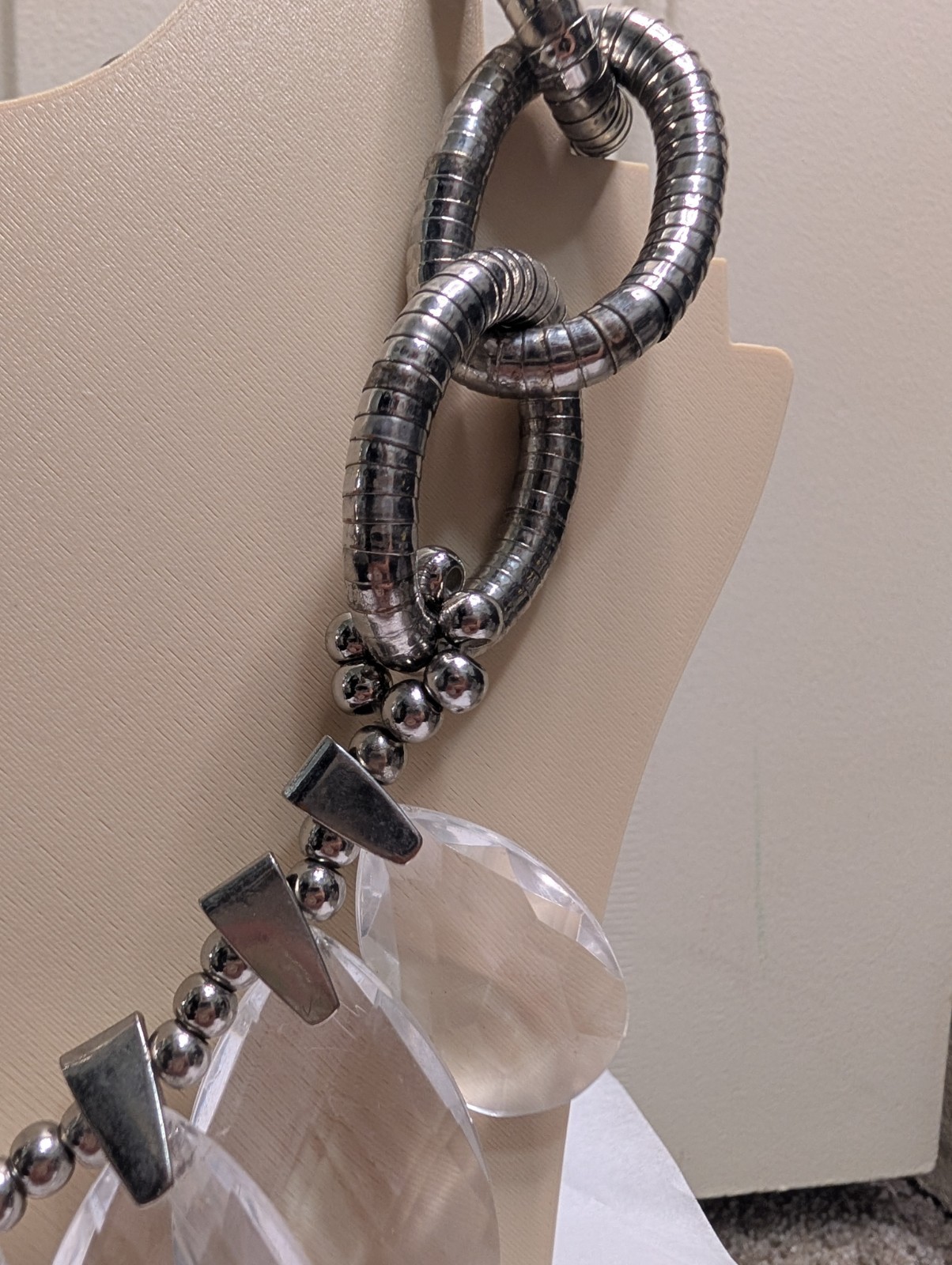 Silver Tone Link Chain Statement Necklace w/ Clear Plastic Drops Toggle