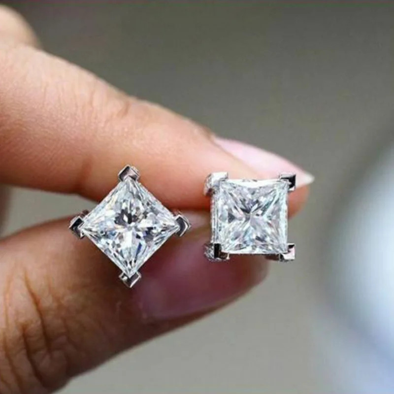 White Gold Princess Cut Diamond Stud Earrings Classic Minimalist Unisex Jewelry