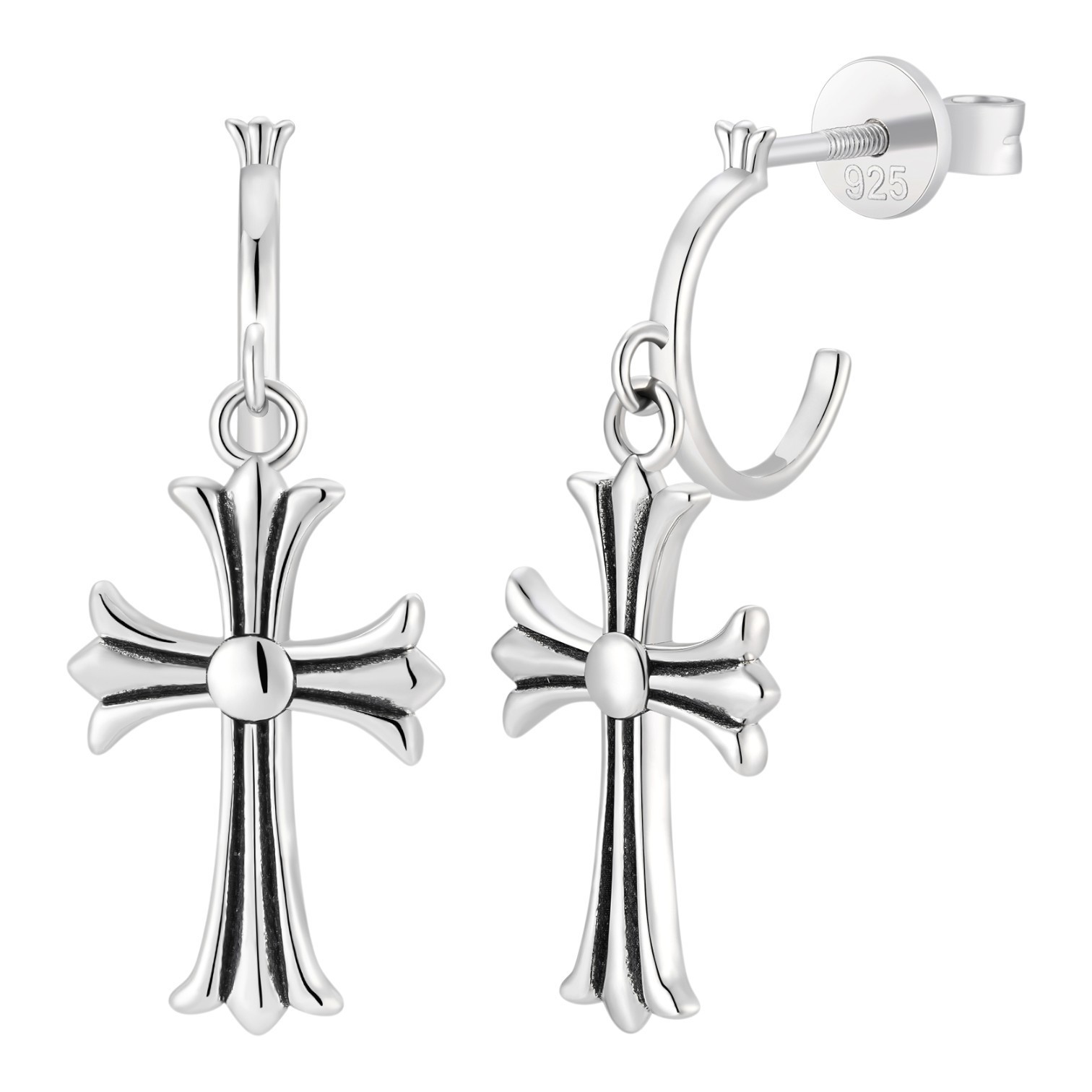 Hearts Chrome Star Earrings Huggie Hoops & Dangle Cross 925 Silver Oxidized