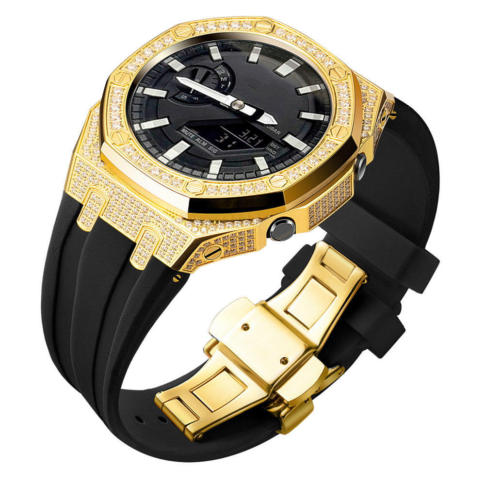 Bling Diamond Stainless Steel Case + Rubber Strap AP MOD KIT for G-SHOCK GA-2100