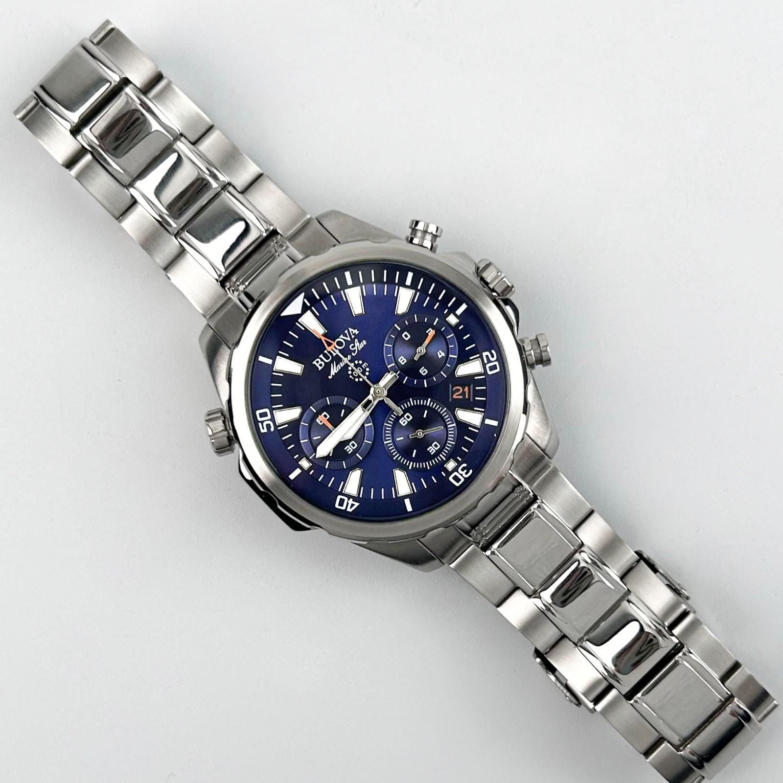 Bulova Men’s Marine Star 96B256 Blue Dial 6-Hand Chronograph Quartz Watch 43mm