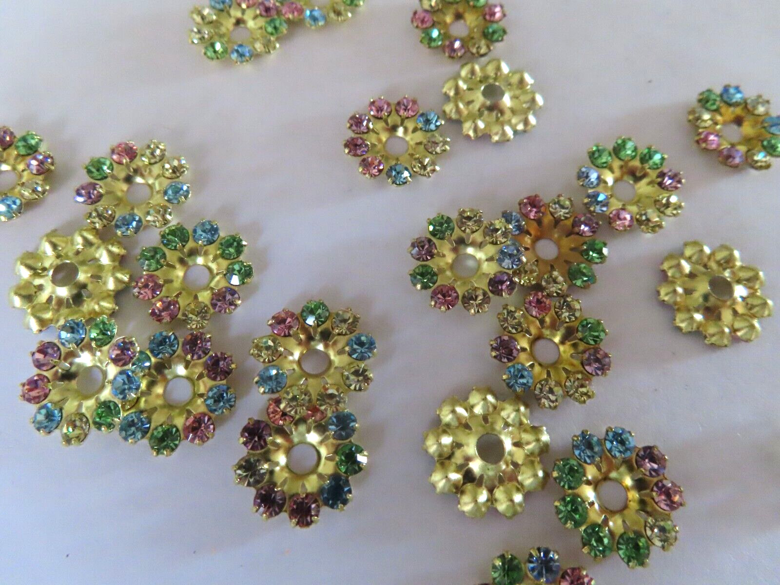36 Round 14mm brass center hole settings, Swarovski lt multi color rhinestones