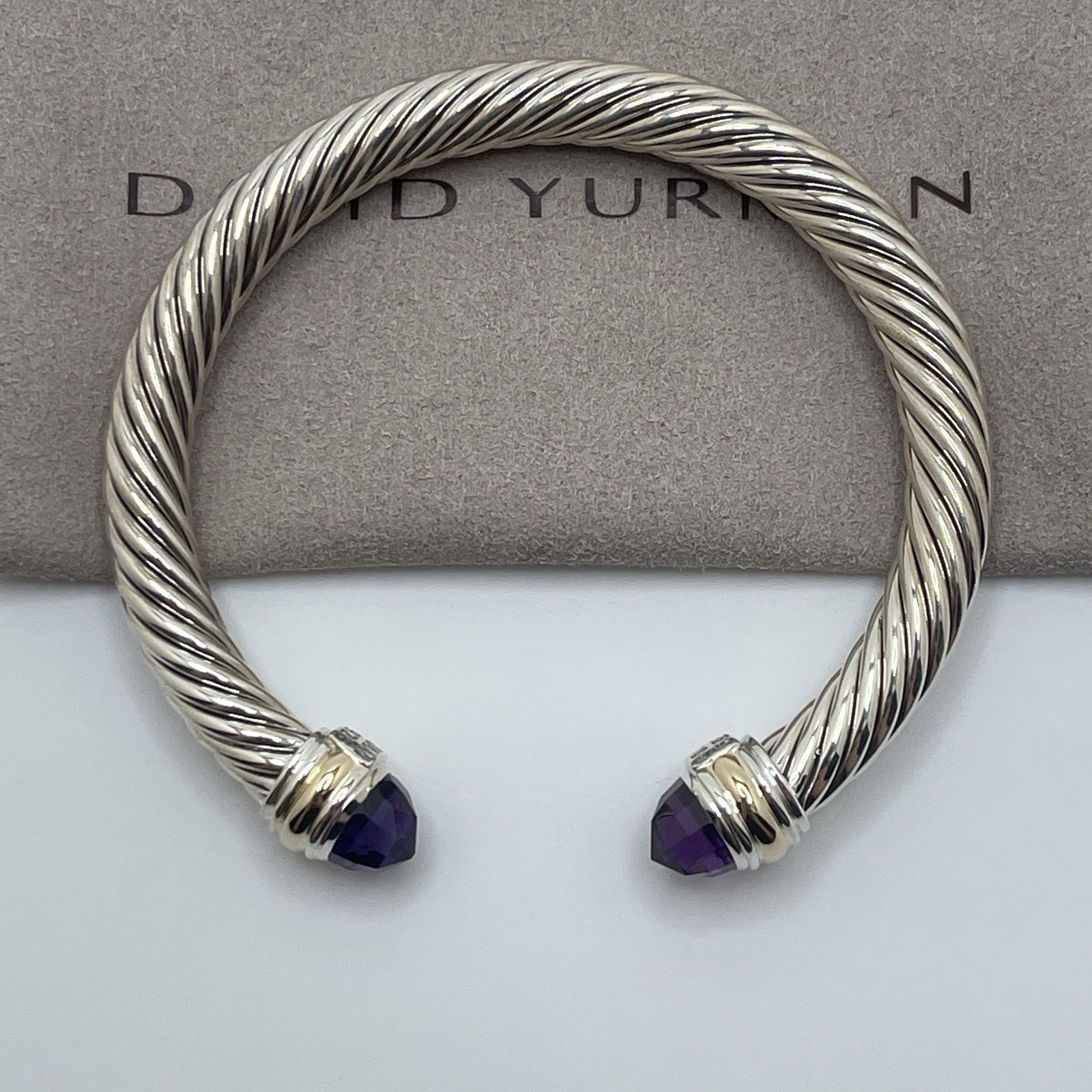 David Sterling Silver 7mm Amethyst and 14K Gold Cable Cuff Bracelet