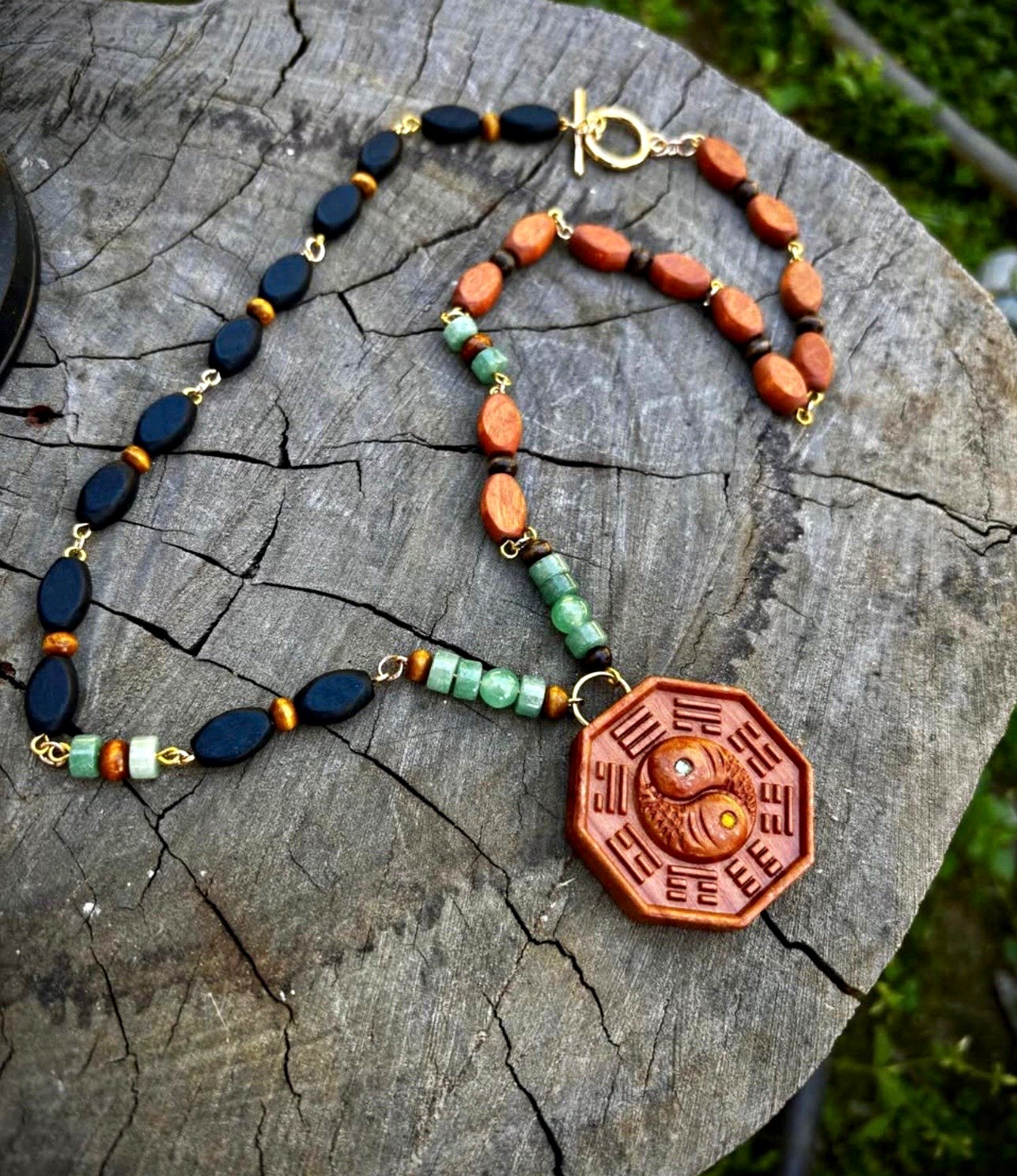 Handmade Necklace w/ Octagon Wood Amulet Pendant, Brown/Black/Green, Toggle.