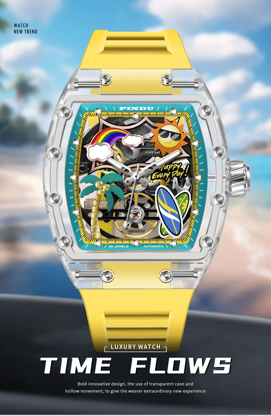 Unique Dial Men’s Mechanical Watch Summer Beach Glow Waterproof Silicone