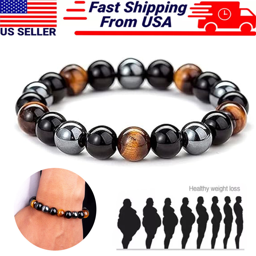 Energy Healing Stretch Bracelet Natural Stone Hematite Tiger Eye for Men Women