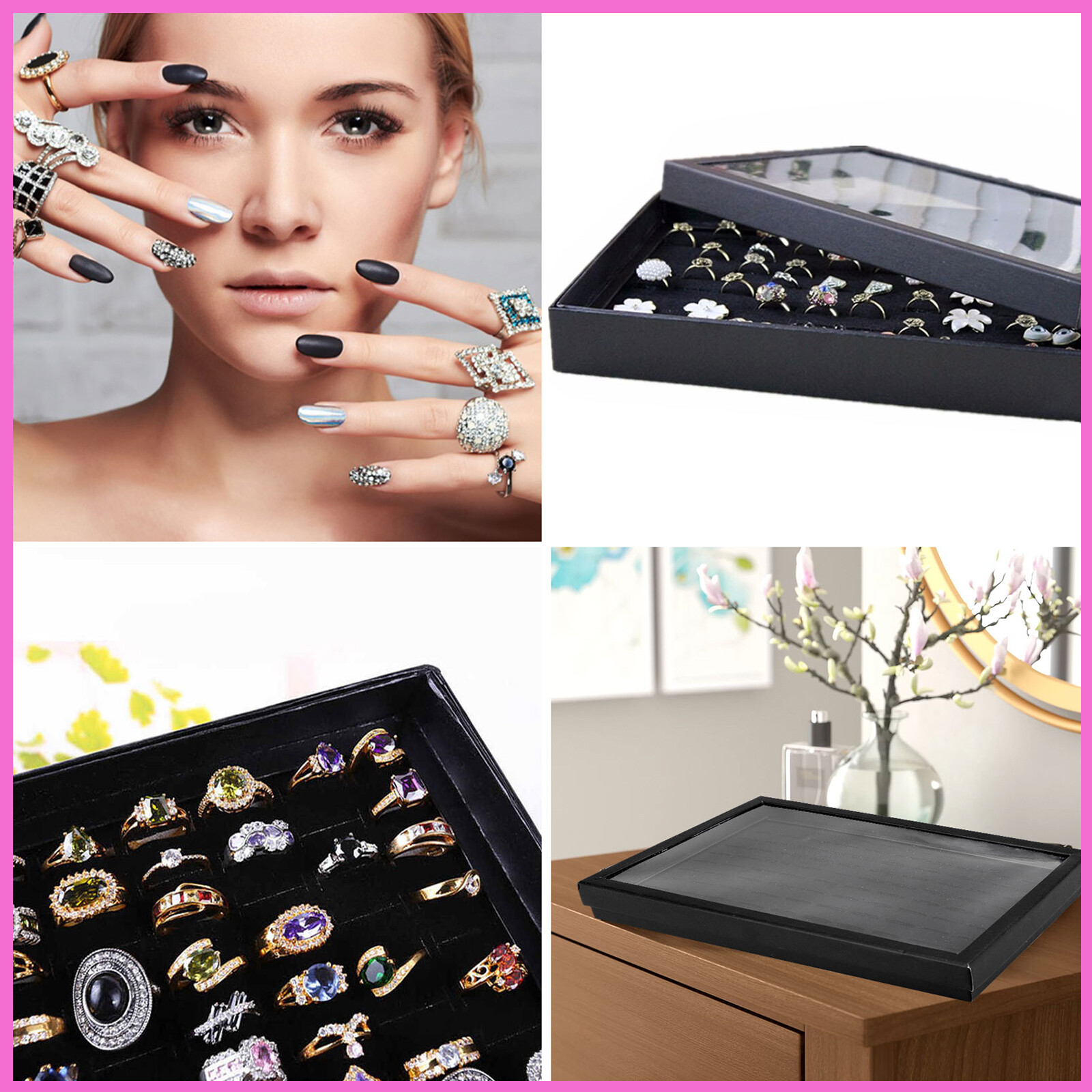 100 Slots Jewelry Ring Display Organizer Tray Holder Earrings Storage Box Case