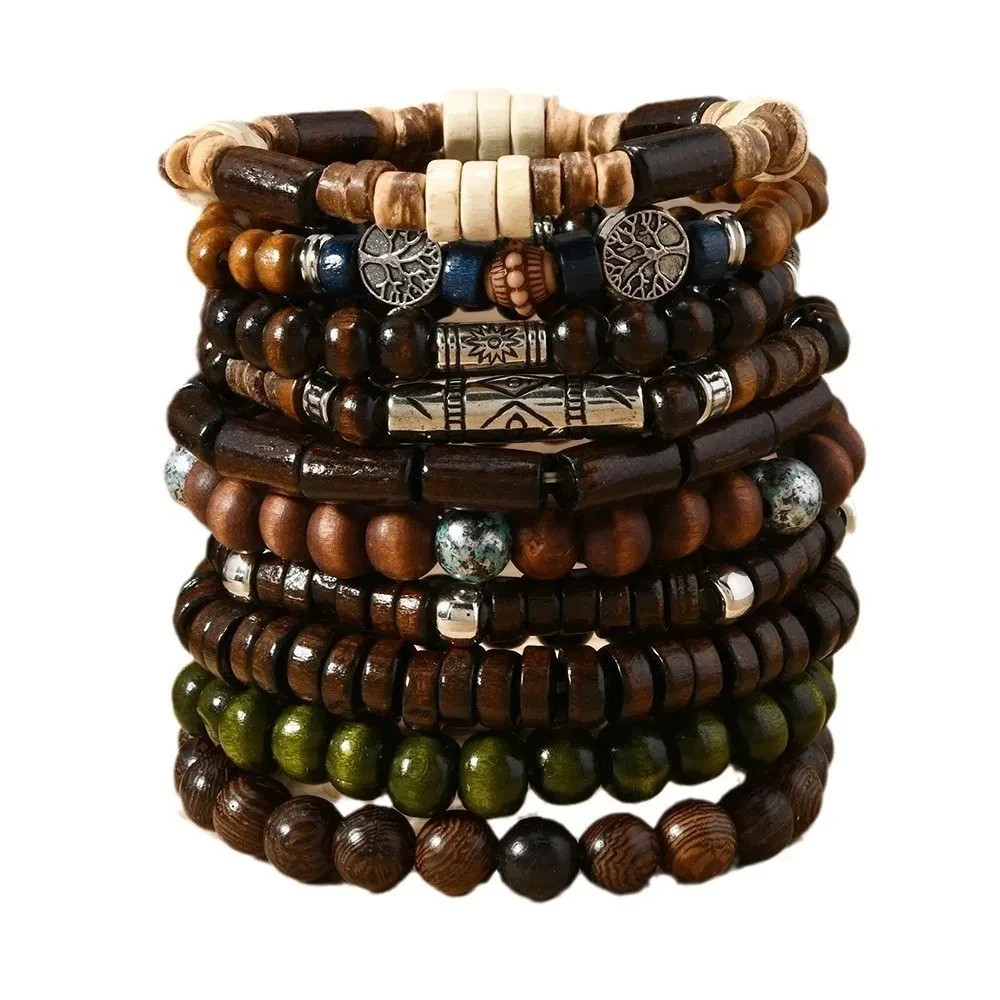 10pcs Bohemia Ethnic Beaded Bracelets For Men Vintage Multi Layer Wooden