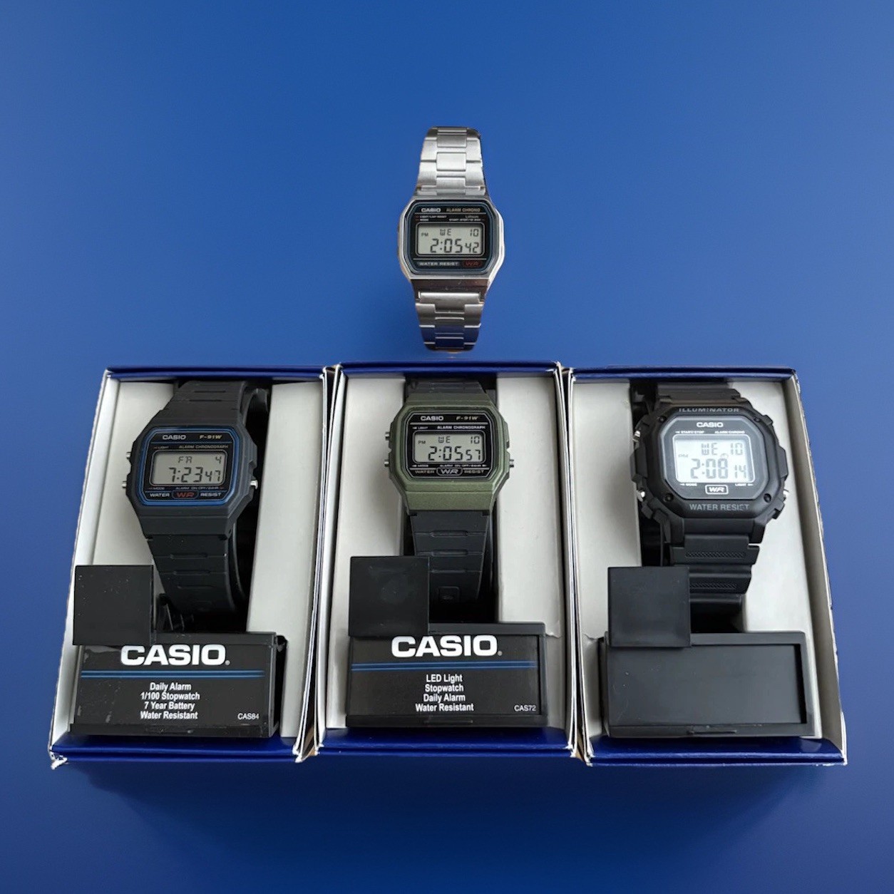 Casio F91W-1 Lot + Illuminator Black/green/ Stainless Steel Watch Strap, NEW NM