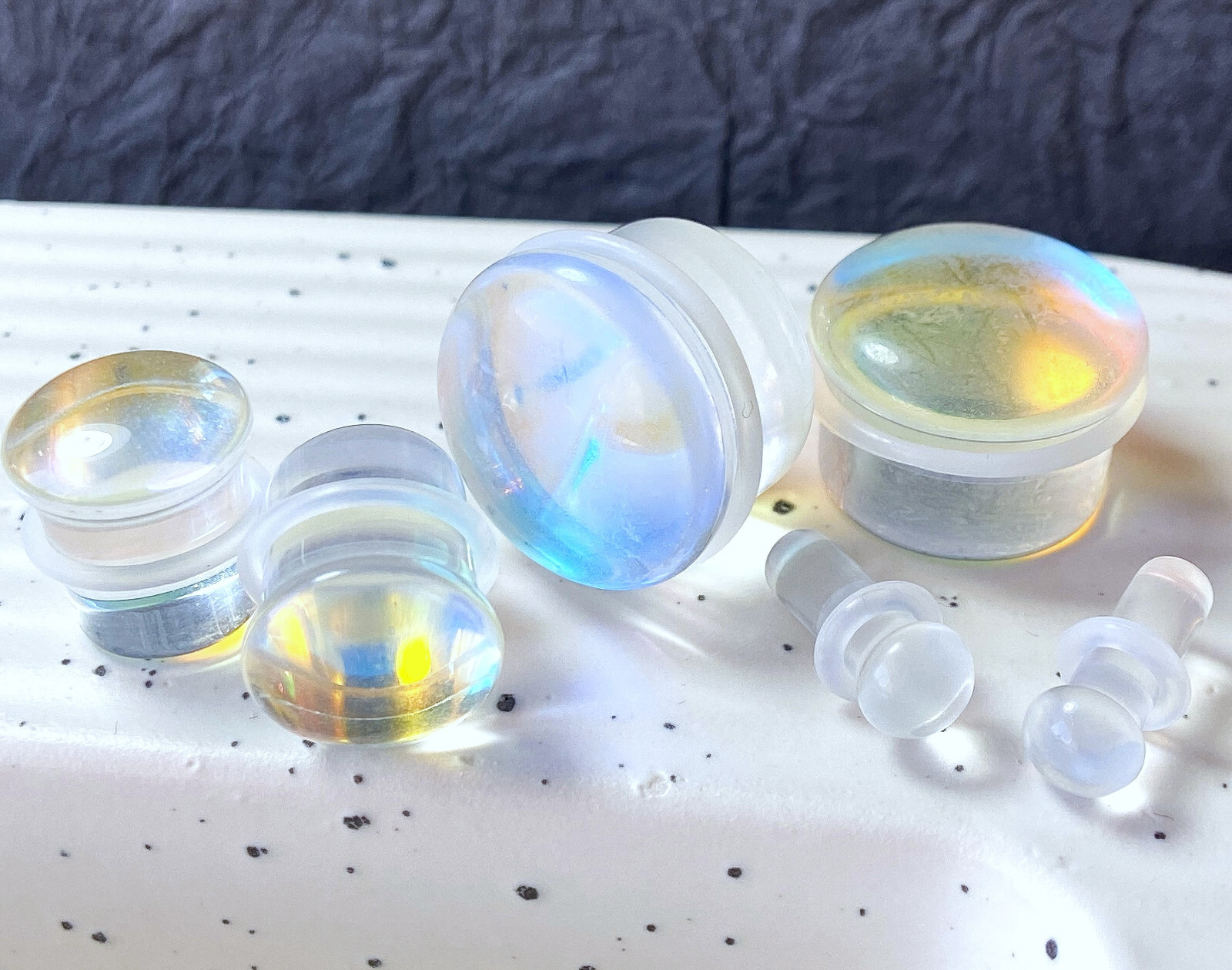 PAIR Luminous Moonstone Glass Single Flare Stone Plugs Gauges Earlets Tunnels
