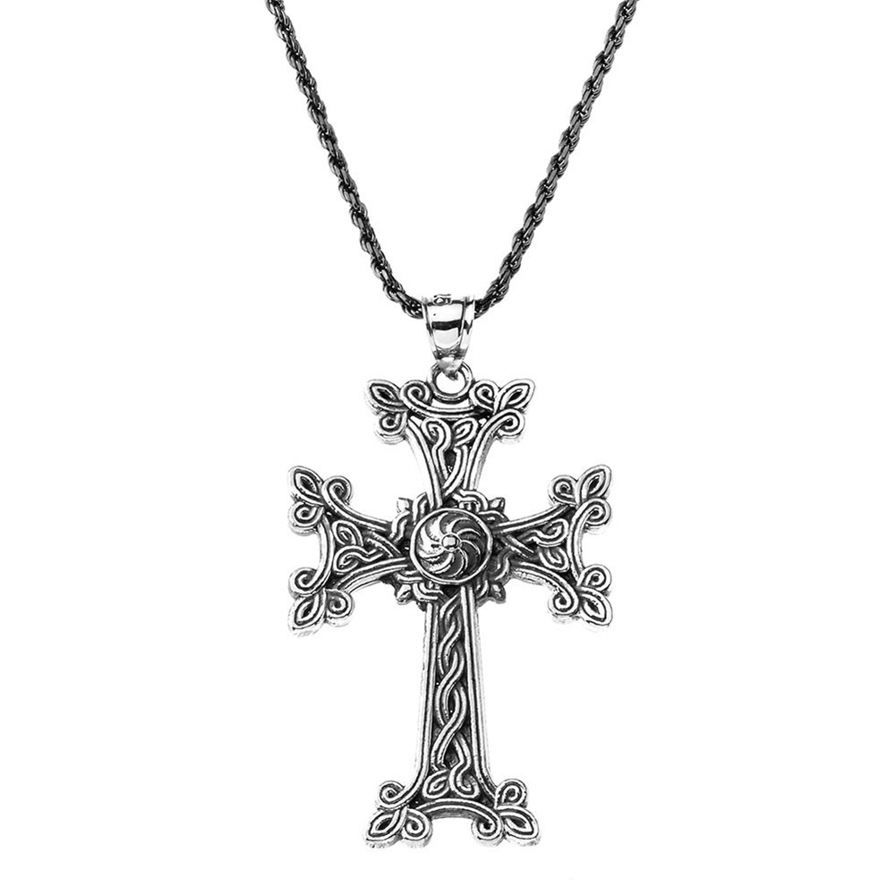 Oxidized Silver Eternity “Khachkar” Armenian Cross Pendant Necklace(Large)