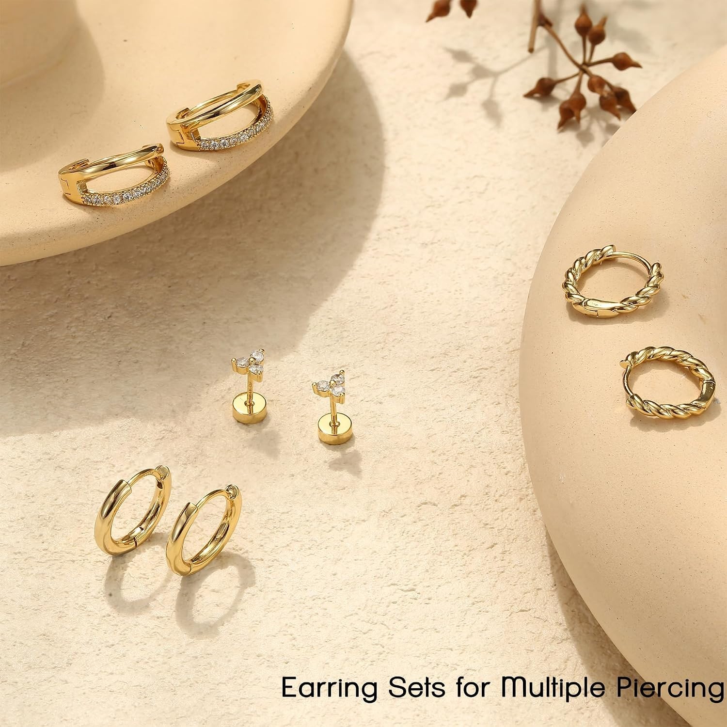 14K Gold Plated Dainty Huggie & Stud Earrings Set for Sensitive Ears – 4 Pairs