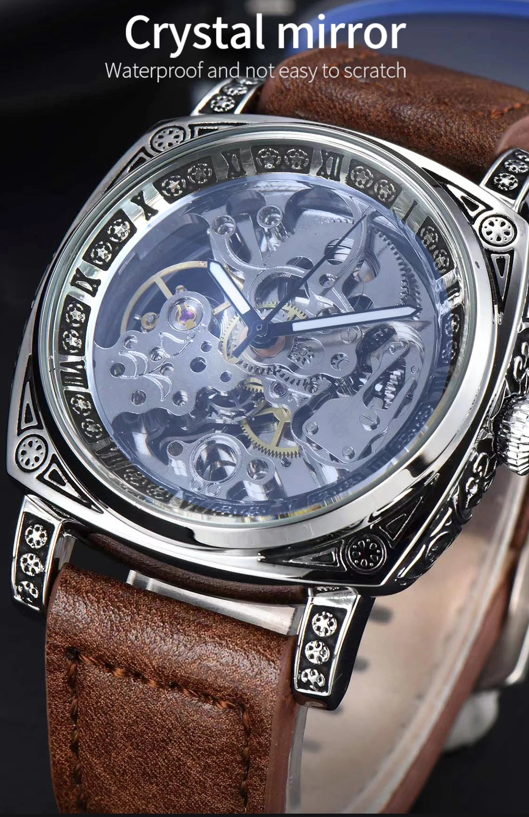 Automatic Retro Skeleton Mechanical Men’s Watch Waterproof Leather Unbranded