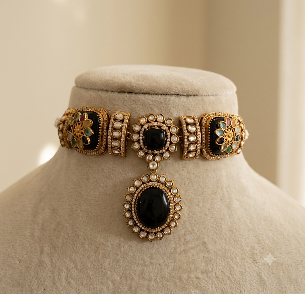 Maryam Dark Blue Kundan Choker Set Reception Jewelry Roz Jewellers.