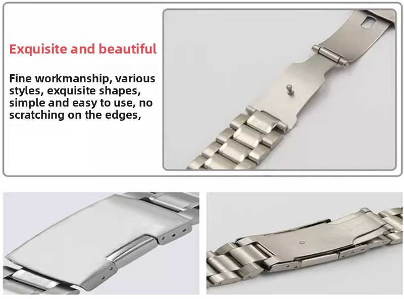 Quality 5 Beads Solid Stainless Steel Watch Strap Edge Buckle Brushed Band 16-24