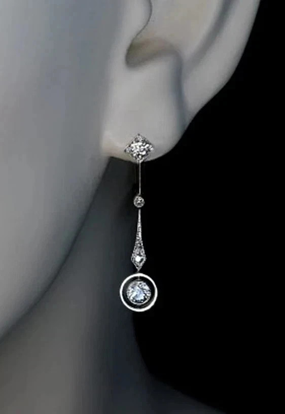 Art Deco Brilliant Cut Lab Created Diamond 14K White Gold Plated Dangle Earrings