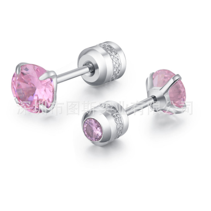 Silver Stainless Steel Round CZ Stud Earrings for Women Men Piercing Screw Back