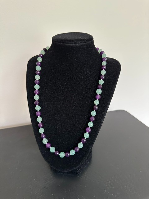 Natural Green Aventurine Purple Amethyst 8 mm Gemstone Beads 20″ Necklace.