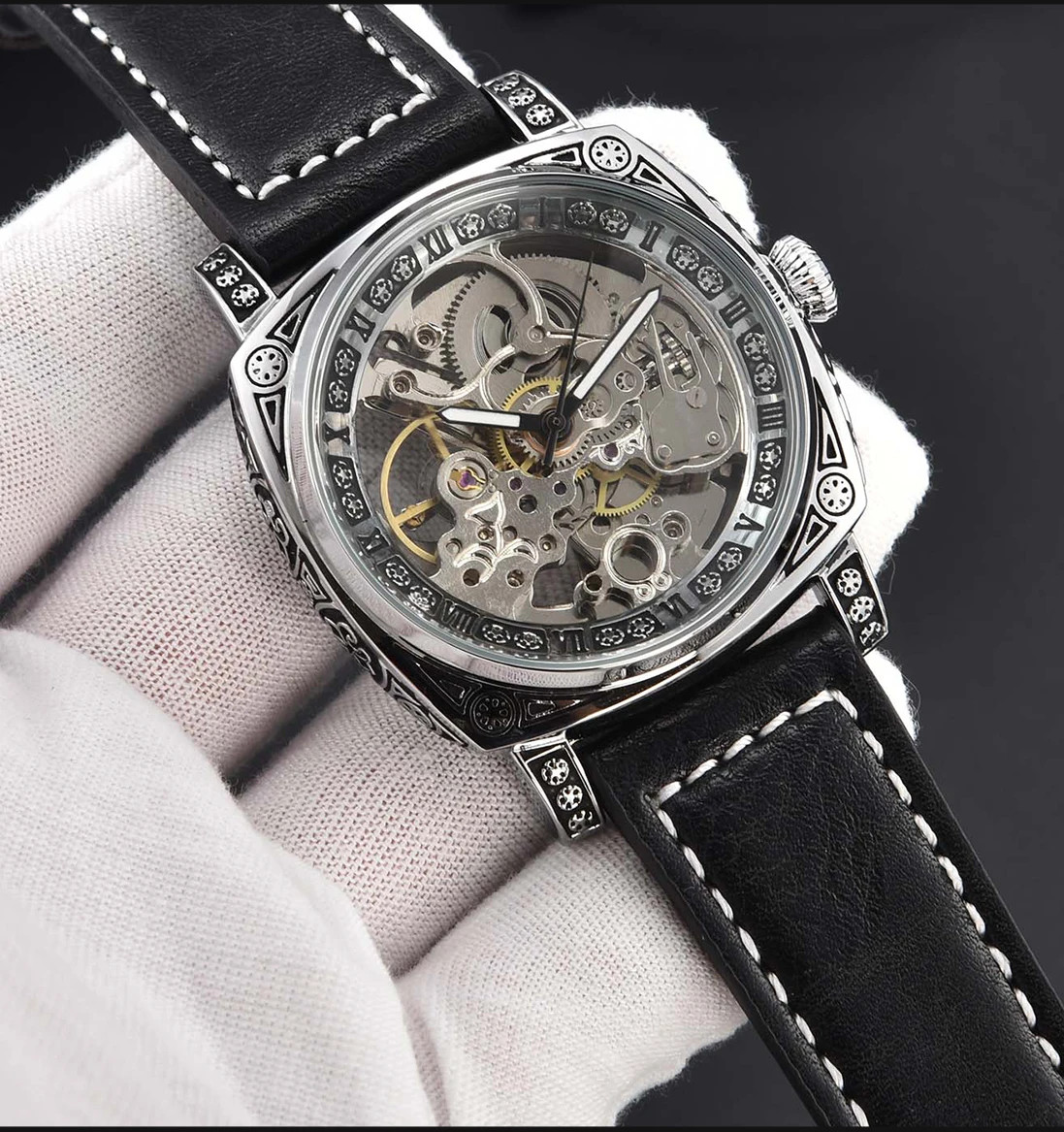 Automatic Retro Skeleton Mechanical Men’s Watch Waterproof Leather Unbranded