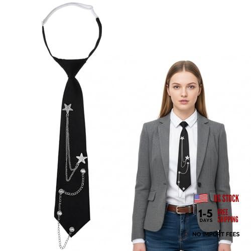 Ouligay Black Tie for Women Men Punk Neck Tie with Metal Chain Pre-Tied