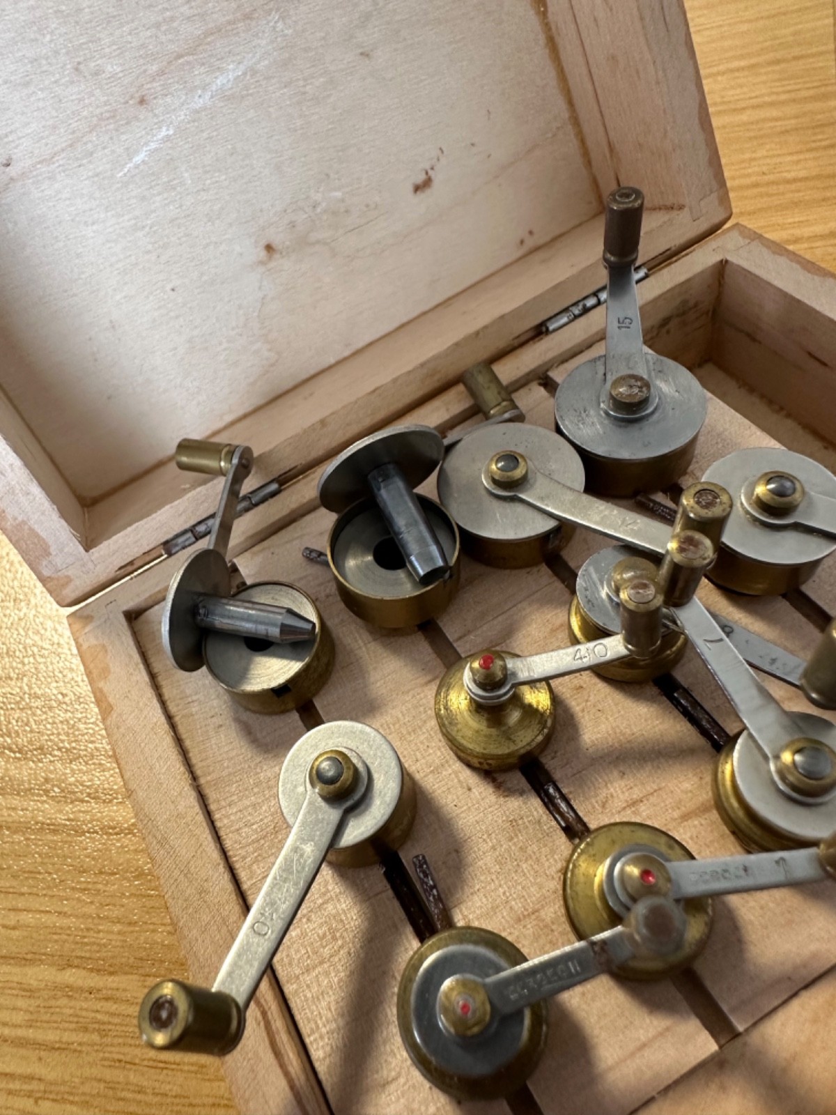 Genuine BERGEON 2729 mainspring winder tools in wooden box