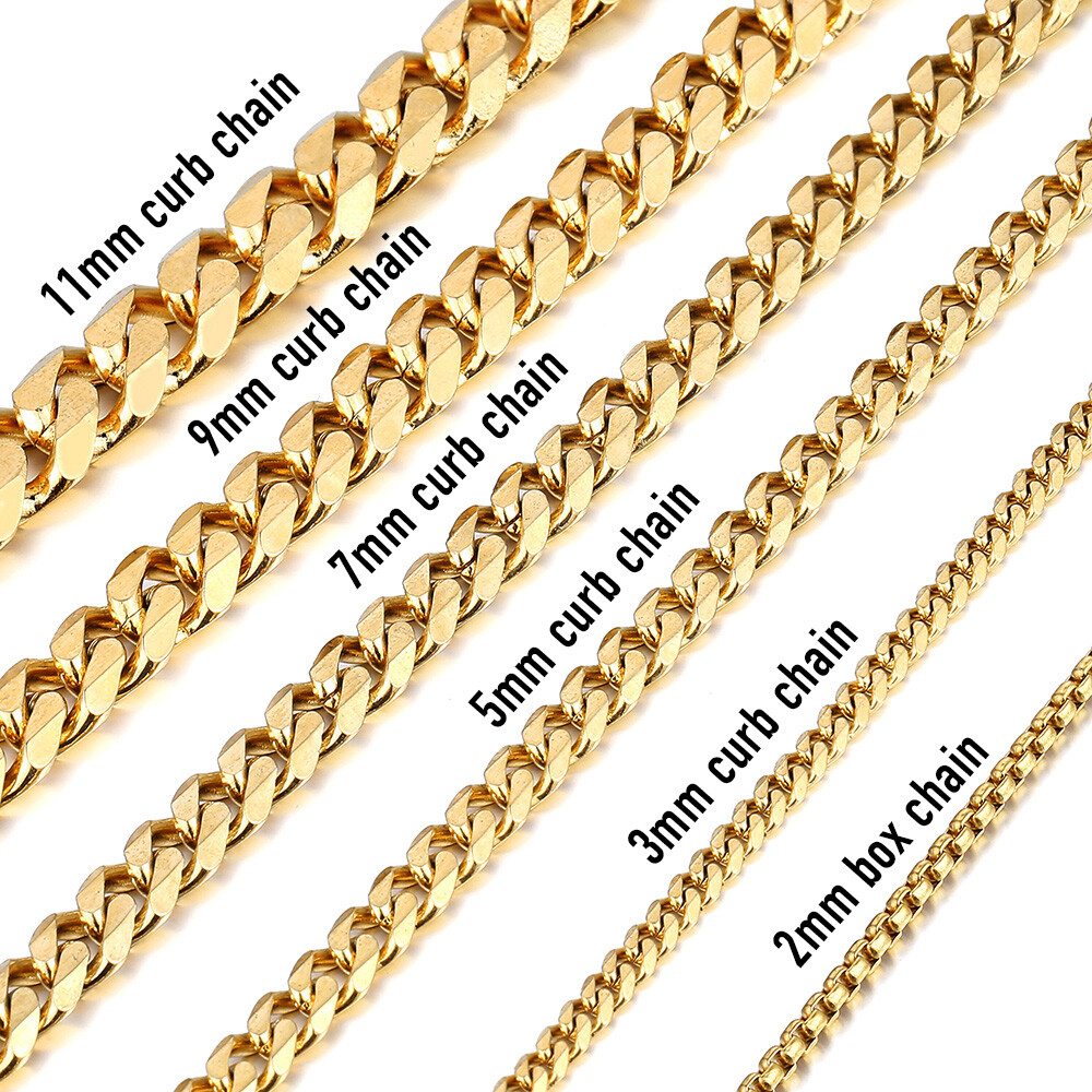 2/3/5/7/9/11mm 16″-30″ Gold Plated Stainless Steel Curb Cuban/Box Chain Necklace
