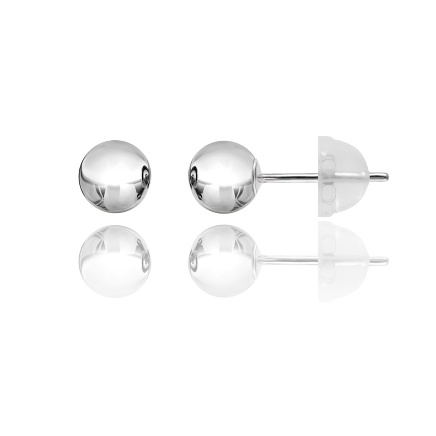 14KT White Gold Ball Stud Earrings 2mm–10mm Silicone Push Back