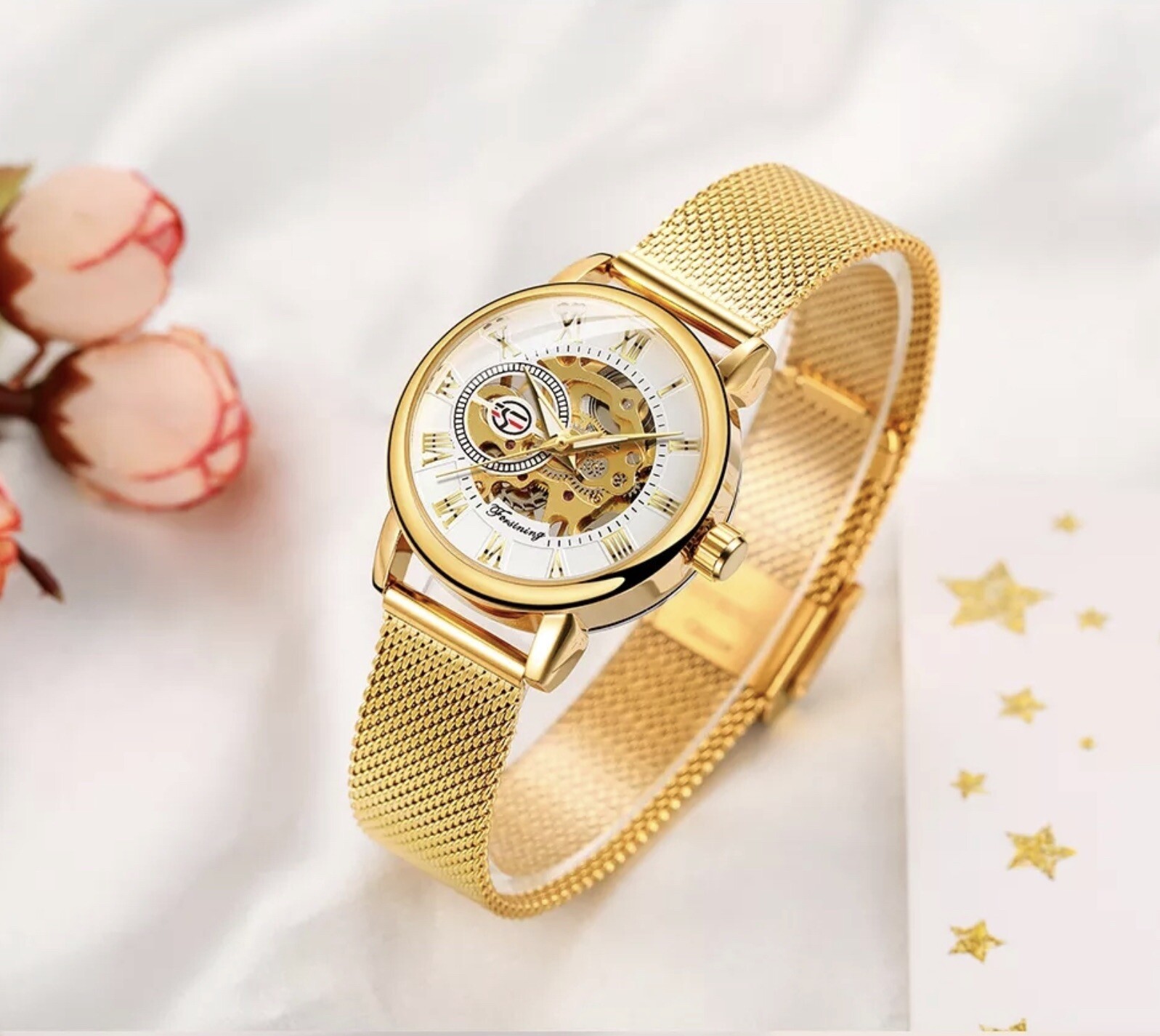 Forsining Womens Automatic Transparent Skeleton Luxury Watch Mesh Band Gift Idea