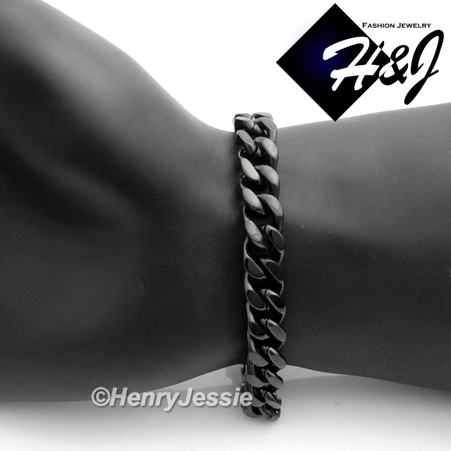 7.5″-11″MEN Stainless Steel WIDE 9mm Black Plated Cuban Curb Link Chain Bracelet