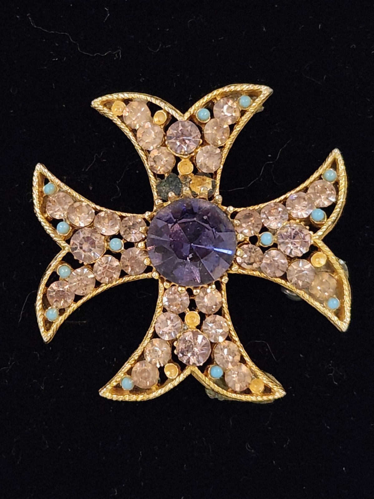 Vintage Signed BSK Maltese Cross Pendant Slide Purple Rhinestone As Is 2 inch