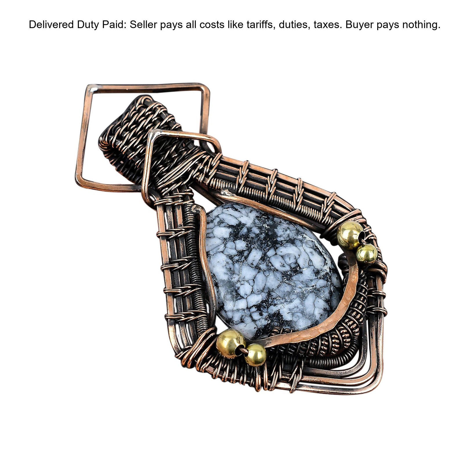 Copper Oval Pinolith Jasper Gemstone Wire Wrapping Daughter Boho Pendant Jewelry