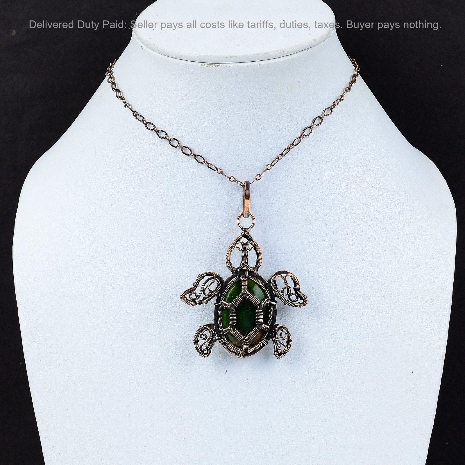 Oval Boulder Chrysoprase Gemstone Wire Wrapped Tortoise Pendant Jewelry Copper