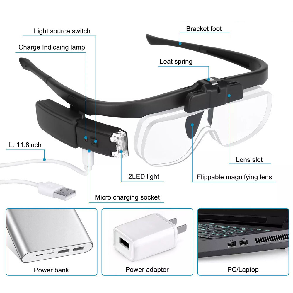 LED Jewelers Magnifying Glasses Headband Magnifier Illuminated Visor With 3 Lens