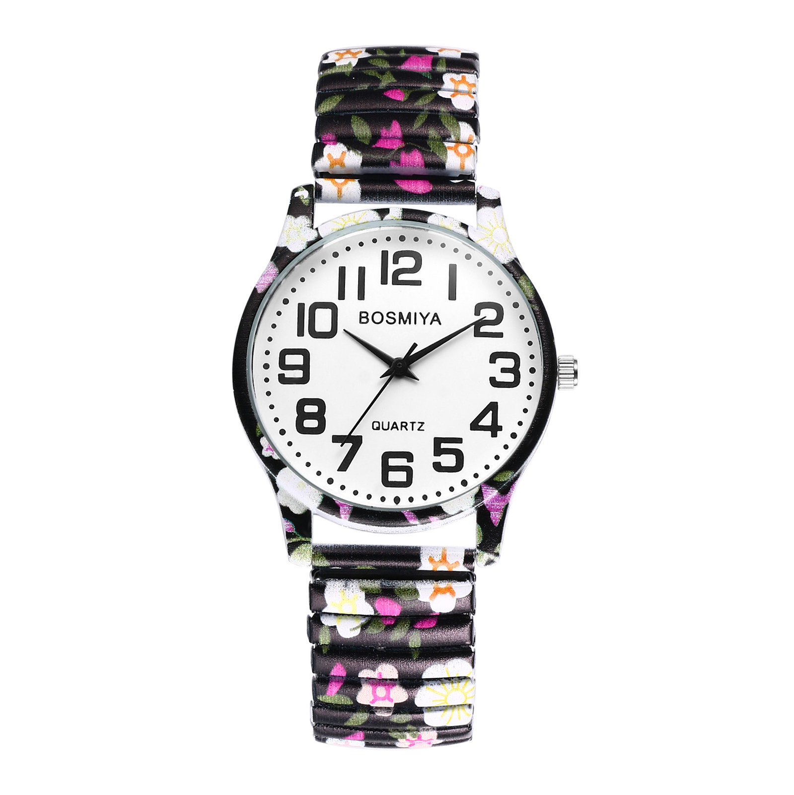 Women Girls Boho Printed Round Arabic Numerals Dial Elastic Quartz Wrist Watch