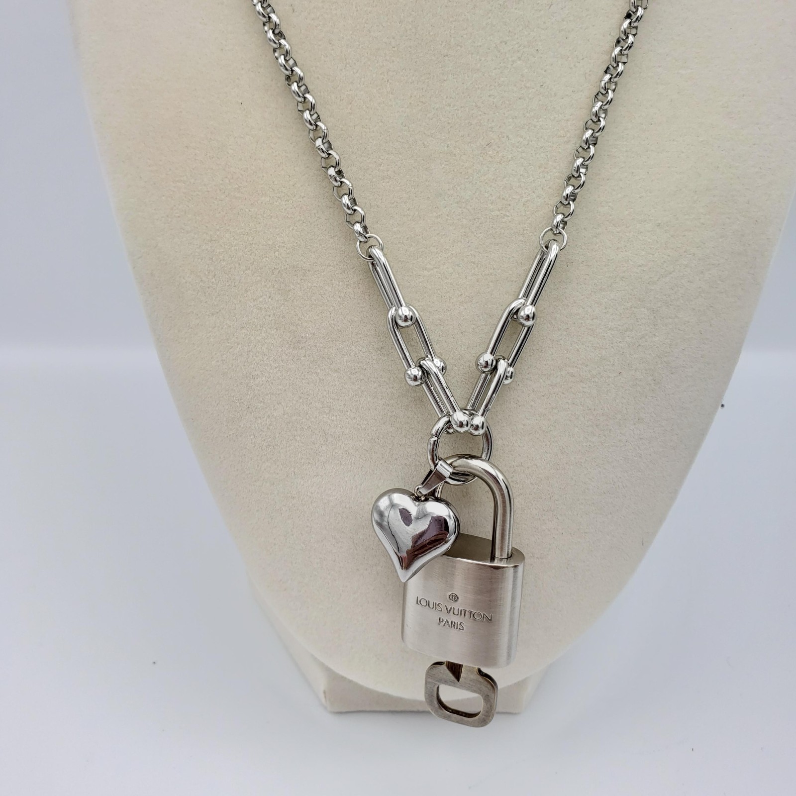 Authentic Louis Vuitton Padlock w/Unbranded Stainless Steel Plated Silver Chain