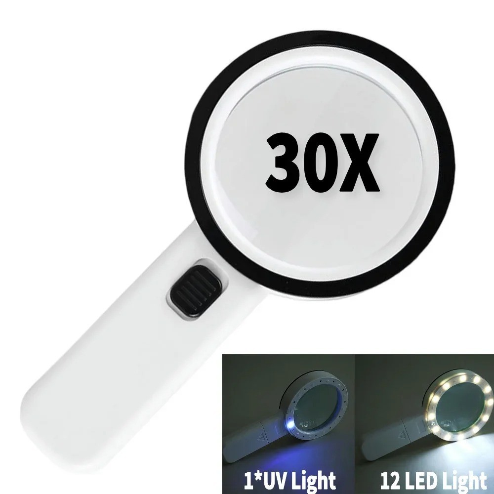 NEW30X Handheld Magnifier 12 LED UV Light Magnifying Glass Jewelry Watch Reading